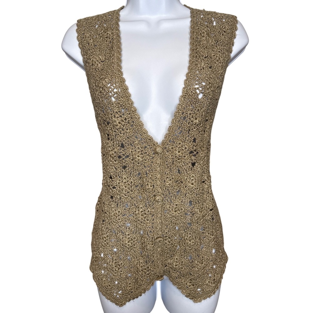 Vintage Express Womens Handknitted Crochet Vest Metallic Gold Bronze Sz M‎ 90s